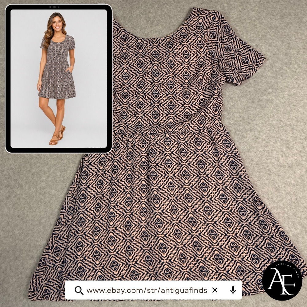 Entro Womens Small Navy Peach Geometric Medallion‎ Fit Flare Skater Dress D1388